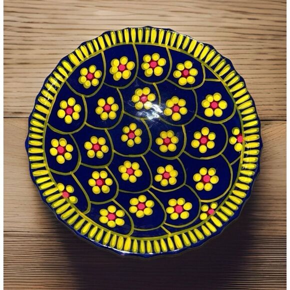 Mexican Folk Art Terra Cotta Hand Painted Pottery Blue Floral Footed Dish Set - Picture 2 of 7